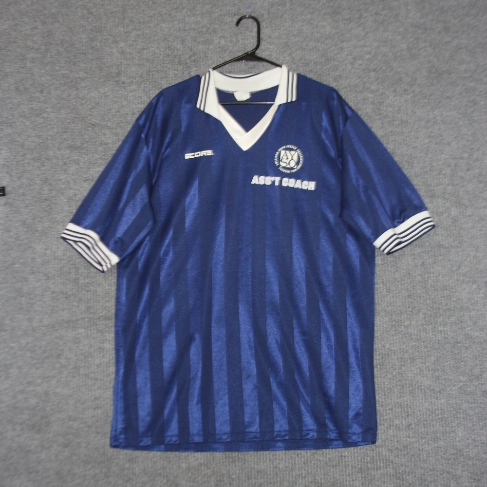 Vintage Score Soccer Jersey Mens XXL Blue AYSO Asst Coach Striped Made in USA